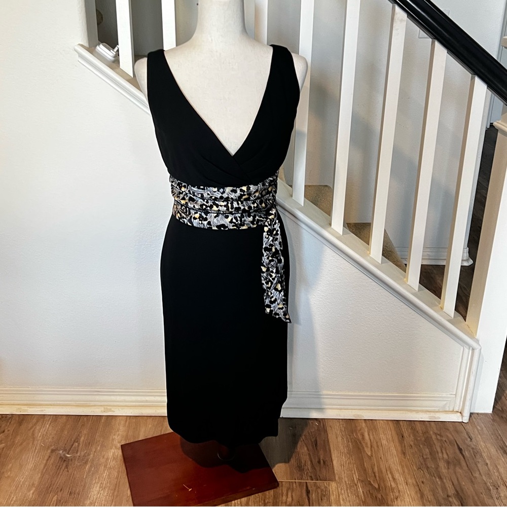 Kay Unger  Elegant Black Dress with Patterned Waist Size 12